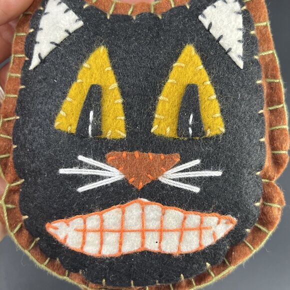 Halloween Felt Black Cat Wall Door Hanging Ornament Hand Stitched Folk Art - Picture 9 of 13